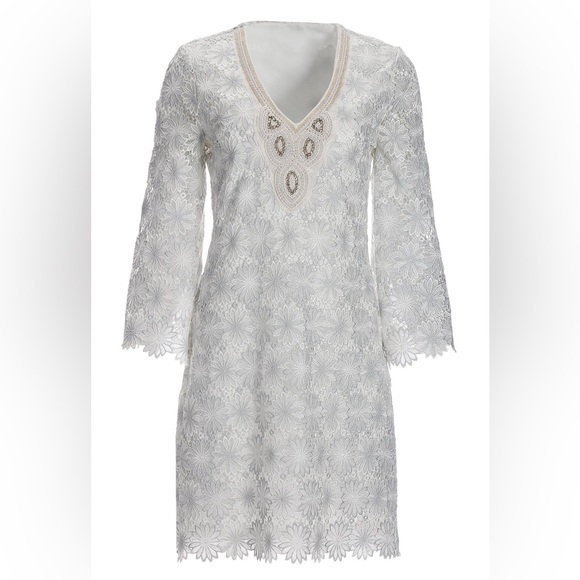 Embellished Metallic Floral Lace Tunic Dress - whitemetallic silver